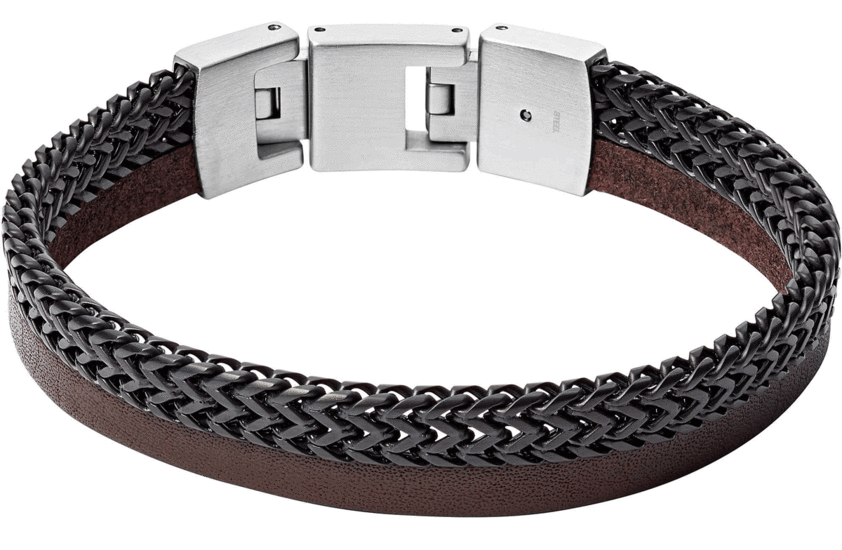 FOSSIL DUO BLACK STAINLESS STEEL AND BROWN LEATHER BRACELET JF03180040