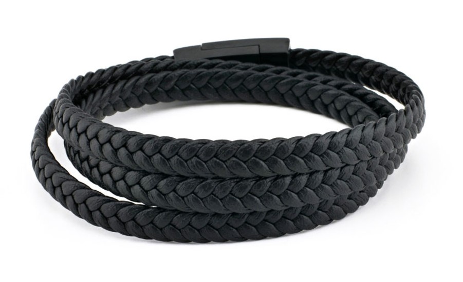 TRIPLED BLACK INTERTWINED LEATHER STRAP WITH STAINLESS STEEL CLASP BY MENVARD MV1018