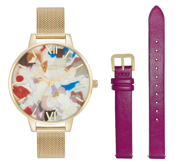 Olivia Burton Pop Art Demi Dial, Orchid Eco Vegan & Pale Gold Mesh Watch Strap Gift Set OBGSET153